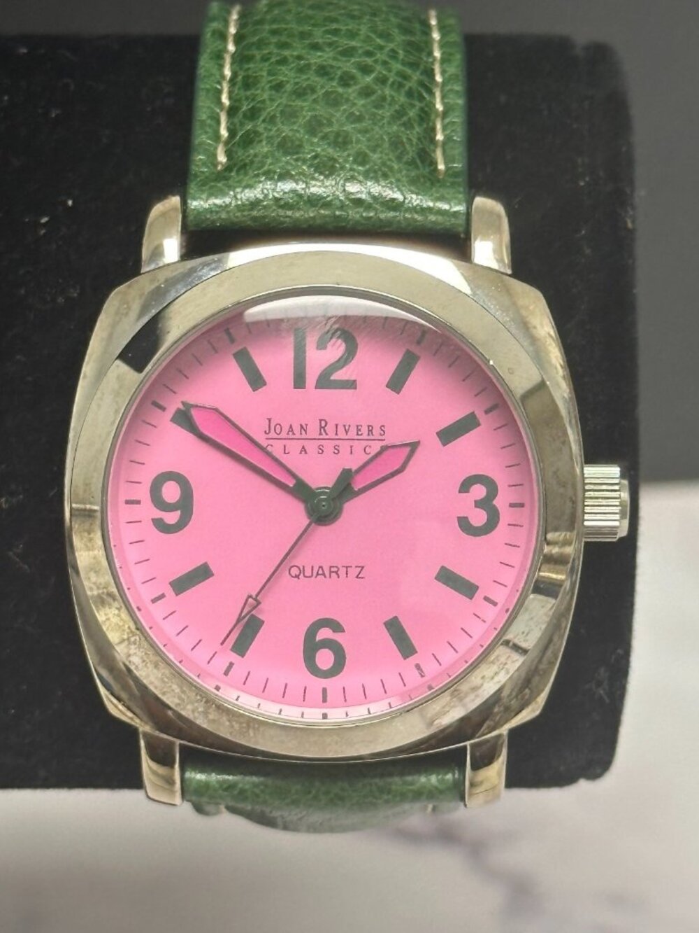 Joan Rivers Watch Womens Silver Tone Pink Dial Green Leather Band New Battery